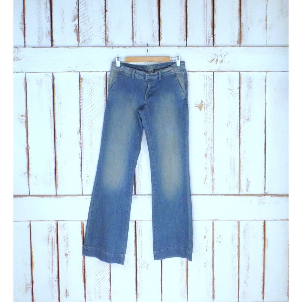 90s faded blue boot cut with slight flare low rise stretch denim jeans